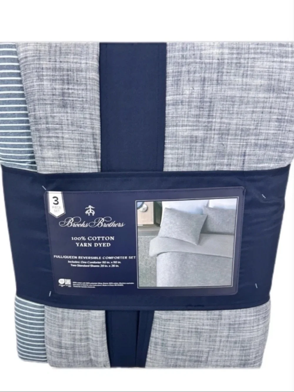 Brooks Brothers Blue and White Cotton Yarn Dyed Full/Queen Comforter Set 88”x96”